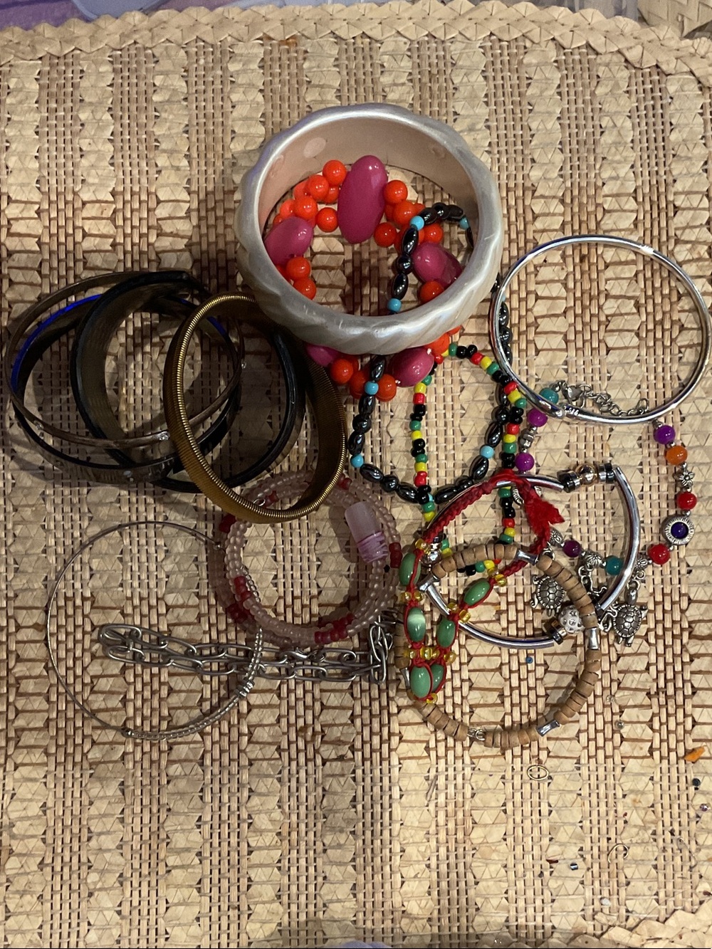 Mixed Beaded and Bangle Bracelet Set - Pink & Orange Accent